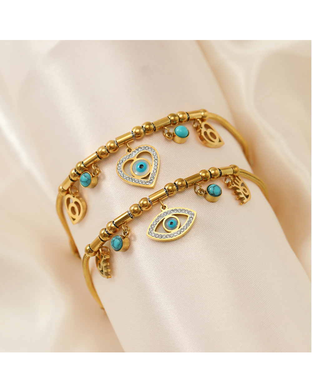 Devil'S Eye, Heart Shape Pattern Women'S Gender Fashion Devil's Eye Heart Shape Stainless Steel Plating Turquoise Rhinestones Bracelets