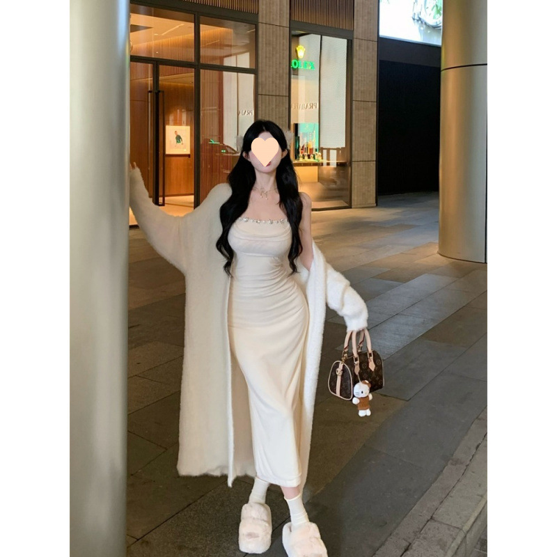 Set of Two 2025 Autumn/Winter New Slouchy Soft Knit Cardigan Coat + Camisole Dress