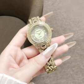满钻罗马数字表盘金色钢带女士石英表轻奢风时尚镶钻女款潮流手表