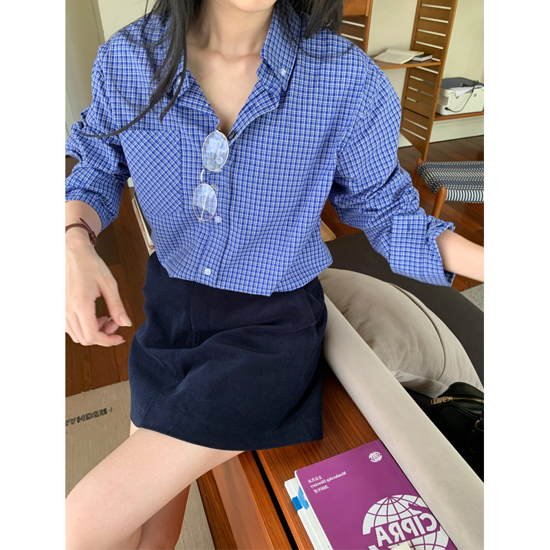 (2개) 미우 무이 셔츠  초가을 레트로 블루 체크 셔츠 여성용 느슨한 게으른 긴 소매 탑 2024 새로운