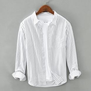 8803 Korean trend striped Oxford long sleeve shirt men's cotton casual loose square collar shirt a generation of hair