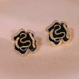 黑色山茶花耳钉女个性耳环小众设计高级感镶钻花卉新款潮气质耳饰