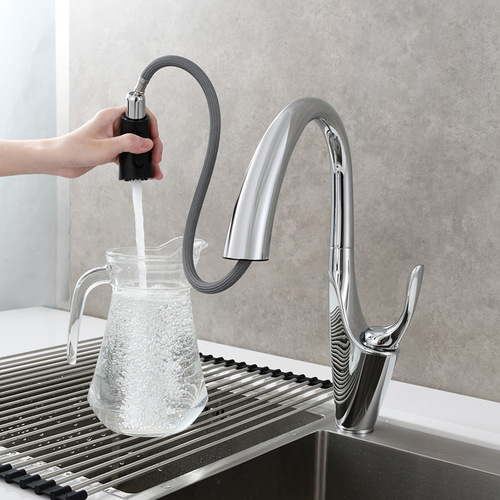 Copper pull-out kitchen faucet with hot and cold basin, dishwasher sink faucet, shower head with double outlet, rotatable faucet