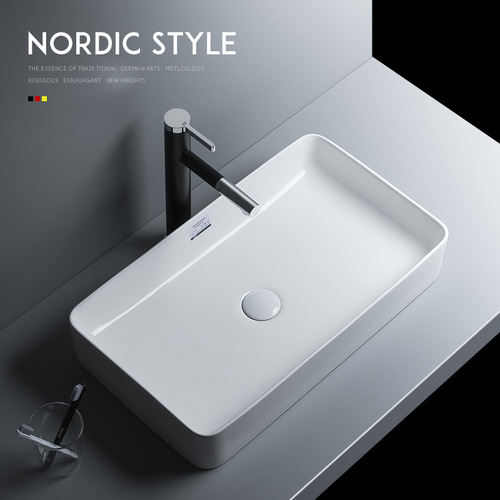 Nordic-style Square Washbasin for Countertop Use, Household Vanity Sink—Available in Wide and Narrow Versions, 60 cm Long; Creative Ceramic Basin Ideal for Small Balconies