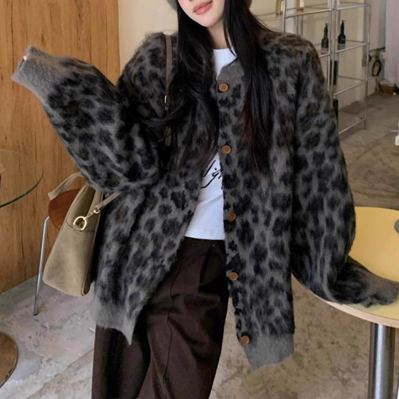 Retro Leopard Print Warm Sweater Jacket for Women in Autumn and Winter Lazy Style Loose Mid-Length Niche Mohair Knitted Cardigan