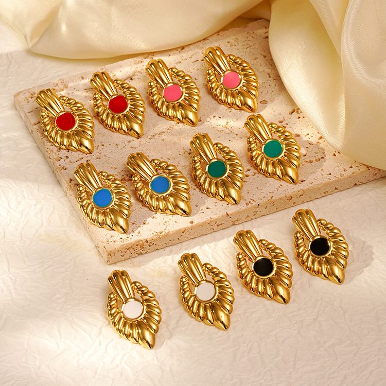 Transfronterizo estilo francés retro moda geometría pendientes de acero inoxidable diseño de alto nivel 18K oro plegado color esmalte pendientes