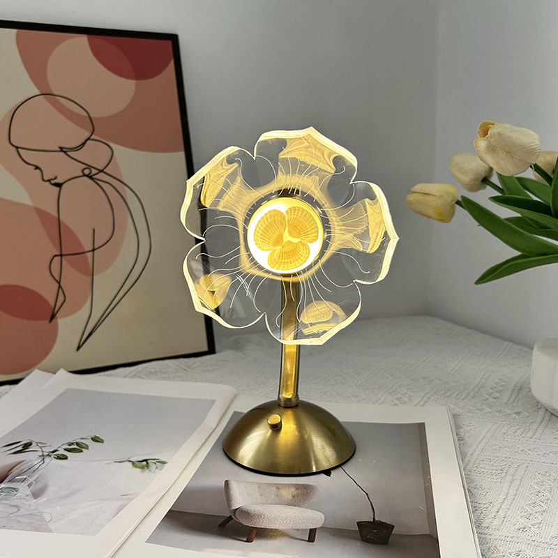 Nuevo estilo transfronterizo luz de lujo táctil recargable lámpara de mesa dormitorio lámpara de noche sensación romántica de alta calidad flor acrílica luz ambiental