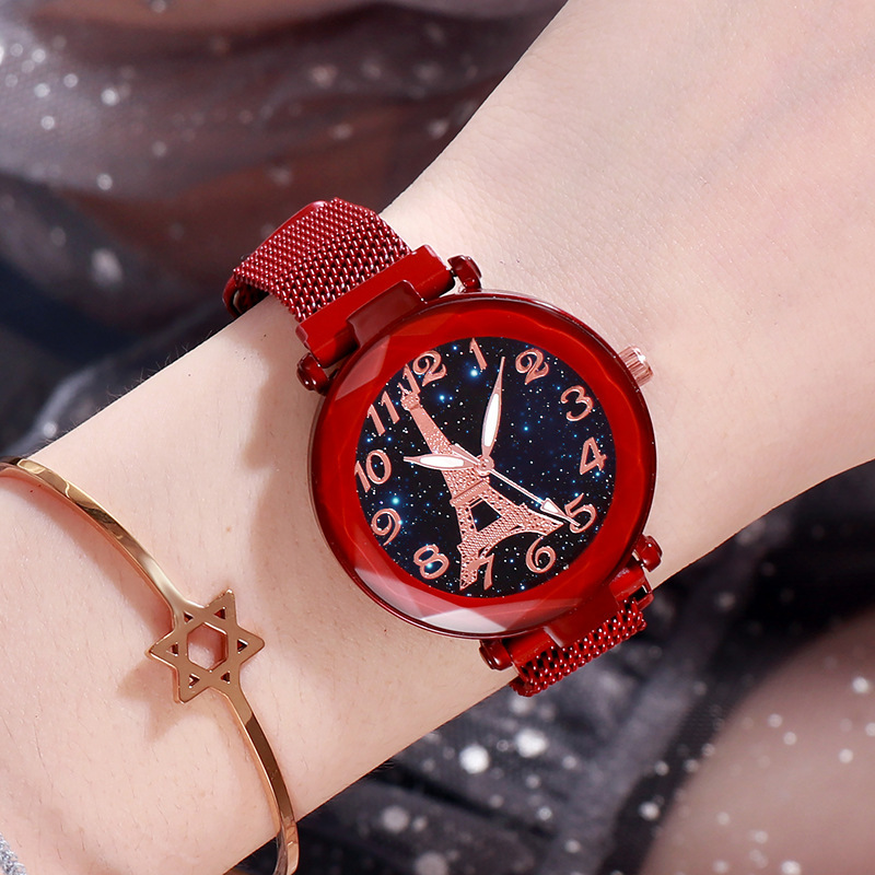 Venta caliente de la moda de la Torre Eiffel Starry Sky Digital reloj de mujer de absorción de hierro magnético perezoso reloj de piedra absorbente de hierro