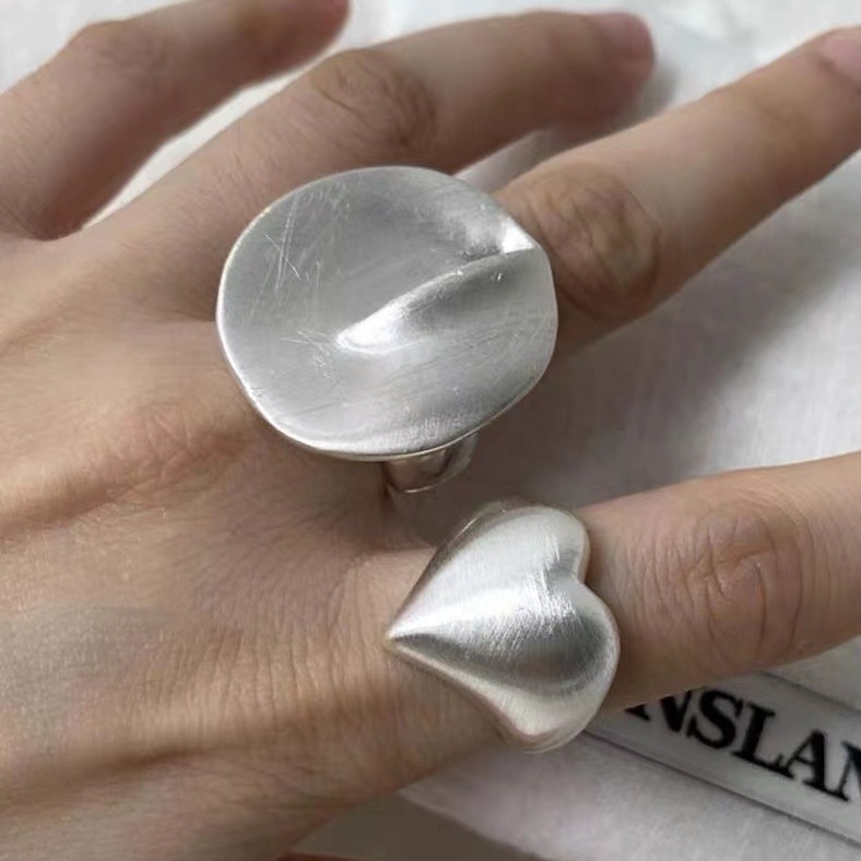 Niche Design Dongdaemun New Daily Versatile Stereo Silver Thick Silver Brushed Heart Index Finger Ring Bracelet