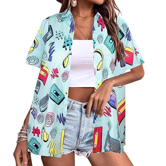 Cross-Border Amazon Summer New 80S and 90S Hawaiian Shirt Lapel Retro Printed Shirt