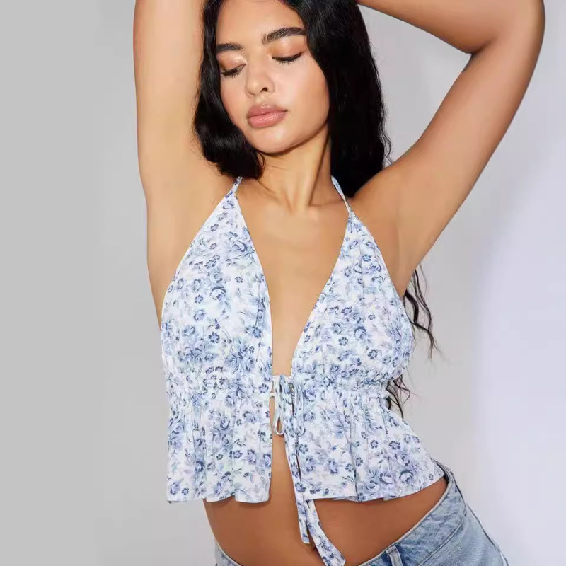 2023 Summer foreign trade popular European and American hot selling AliExpress sex sling feeling wrapped chest hanging neck lace-up top