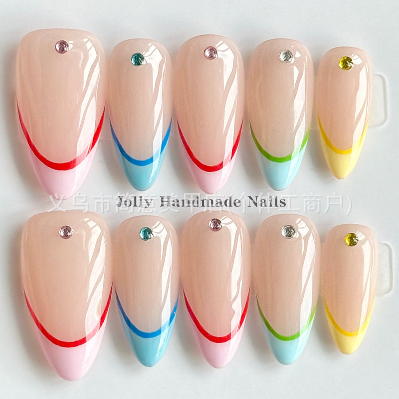 Cross-border European and American macaron-colored French almond-shaped nails with scattered diamonds, purely handcrafted wearable nails with rainbow outlines