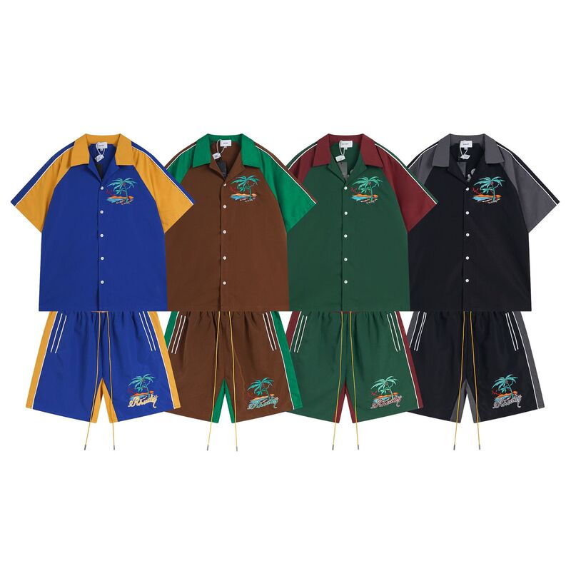 24S Cross-border European and American Tide Brand RHUDE Coconut Tree Letter Beach Embroidered Short Sleeve Shirt Set Men's and Women's High Street Shorts