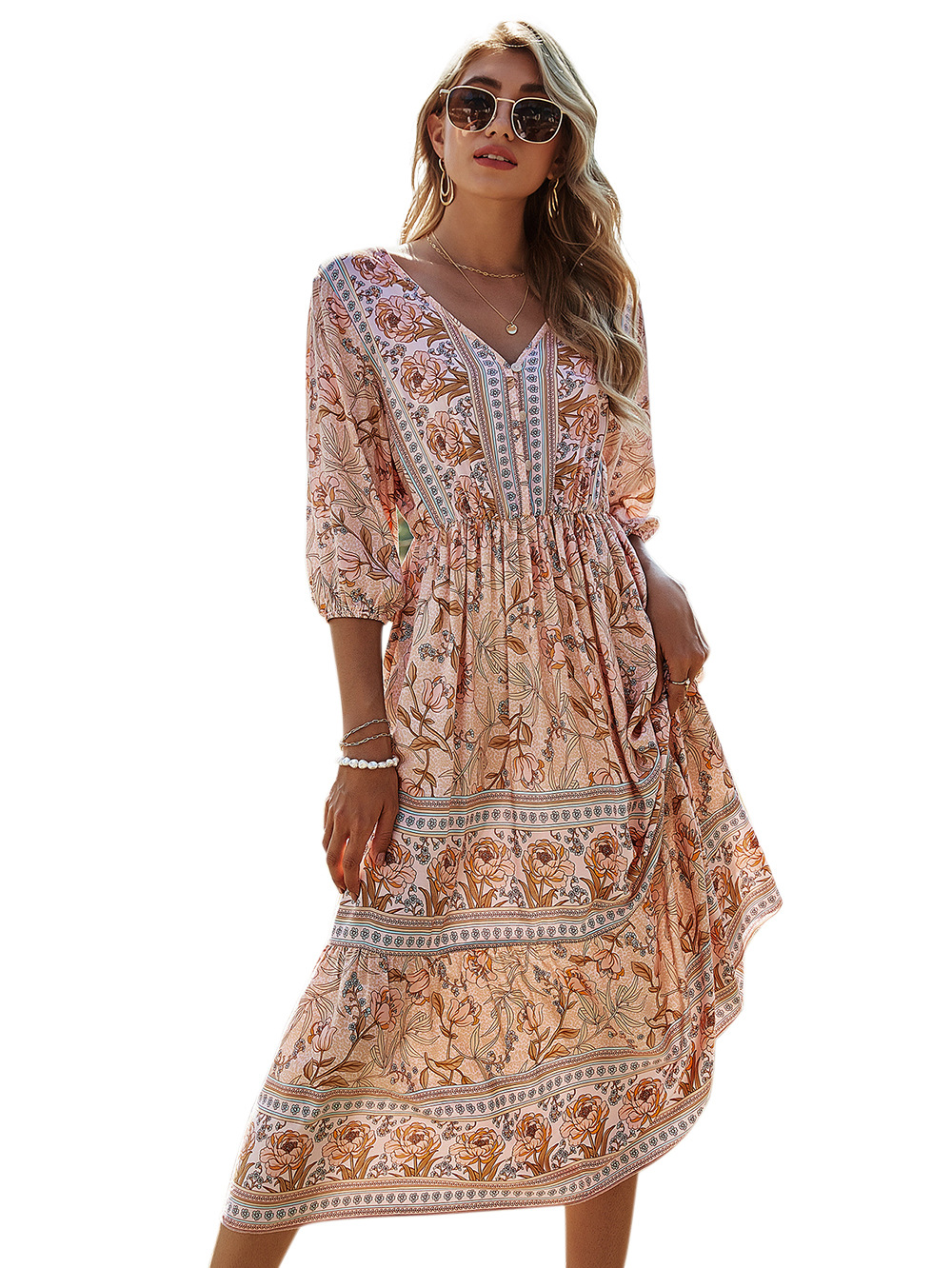 V-neck High Waist Bohemian Dress NSDF23858