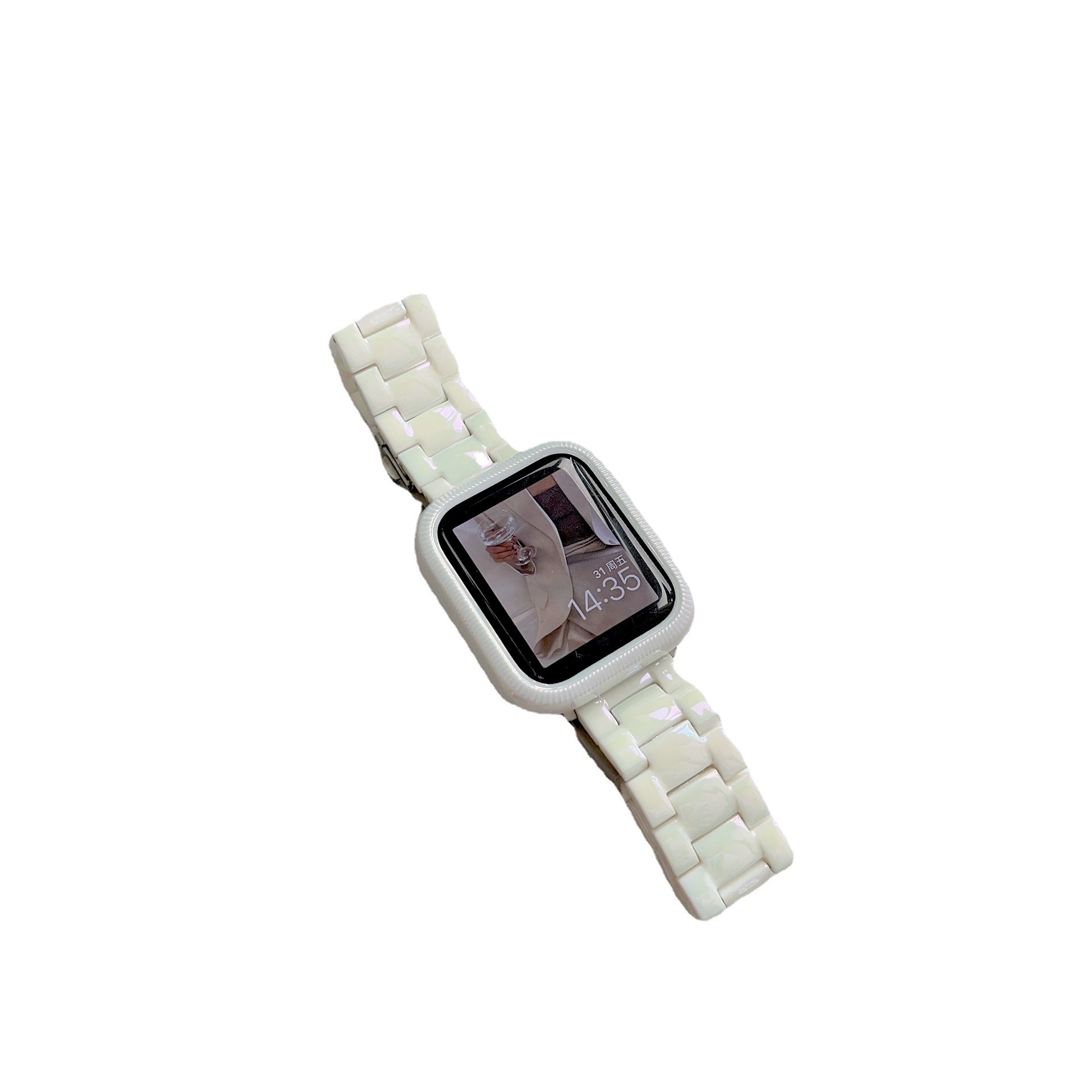 Ремешок для iWatch10/первого поколения SE, чехол для женщин, жемчужно-белый лазер, имитация керамики с тремя бусинами, 42 мм