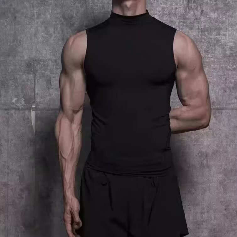 Black High-Neck Elastic Sleeveless Men's T-Shirt That Shows Off Muscles, Stylish and Cool, Ice Silk Quick-Dry Vest for Fitness Training Black High-Neck Elastic Sleeveless Men's T-Shirt That Shows Off Muscles, Stylish and Cool, Ice Silk Quick-Dry Vest for Fitness Training