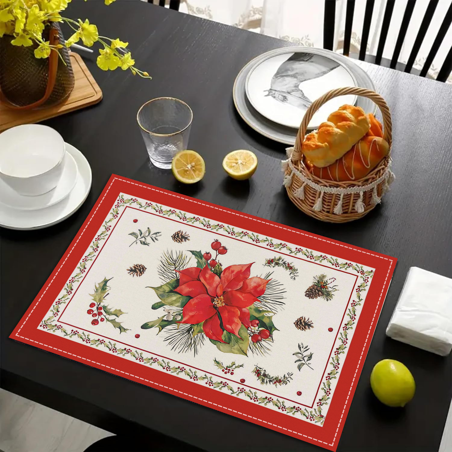 Home & Garden Christmas Tree Bell Printed Placemat Red Striped Plaid Linen Table Mat Christmas Party Decoration Insulation Mat_voghion.com