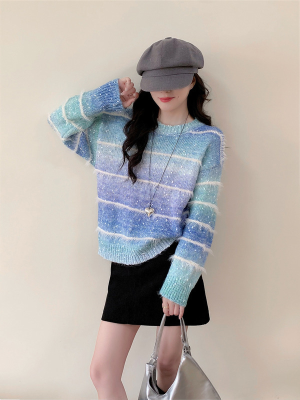 渐变色拼接毛毛条纹毛衣套头女2025秋冬新款宽松休闲长袖针织衫潮|undefined