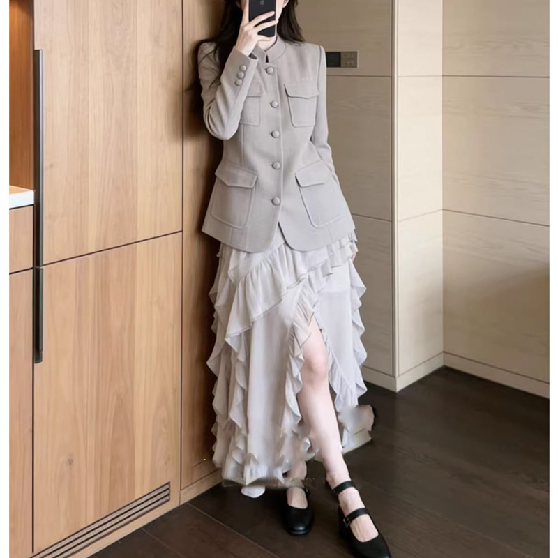 Spring Outfit Set 2026 Korean Style Minimalist Intellectual Temperament Gray Jacket and Ruffled Skirt Two-Piece Set for Women