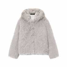 跨境外贸女装秋冬欧美风时尚人造皮草效果毛毛连帽短外套