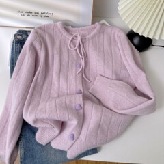 秋冬新款纯色韩系百搭宽松爱心扣毛衣女圆领长袖外套上衣针织开衫