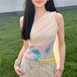 周某琼同款法式斜肩繁色印花网纱飘带背心女夏辣妹度假无袖上衣