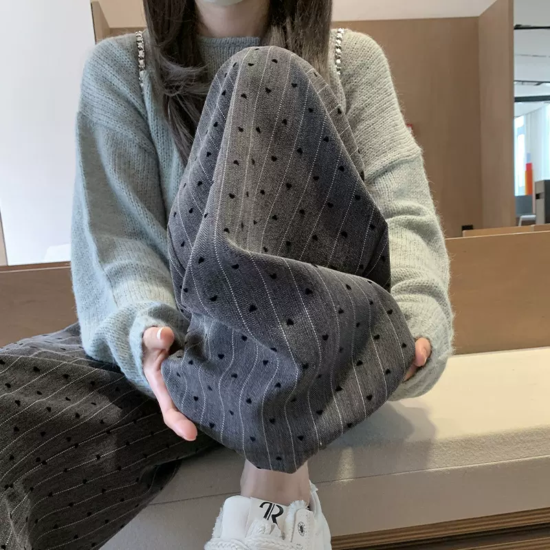 美式植绒爱心阔腿裤25年春秋高腰松紧休闲直筒裤显瘦垂感拖地长裤
