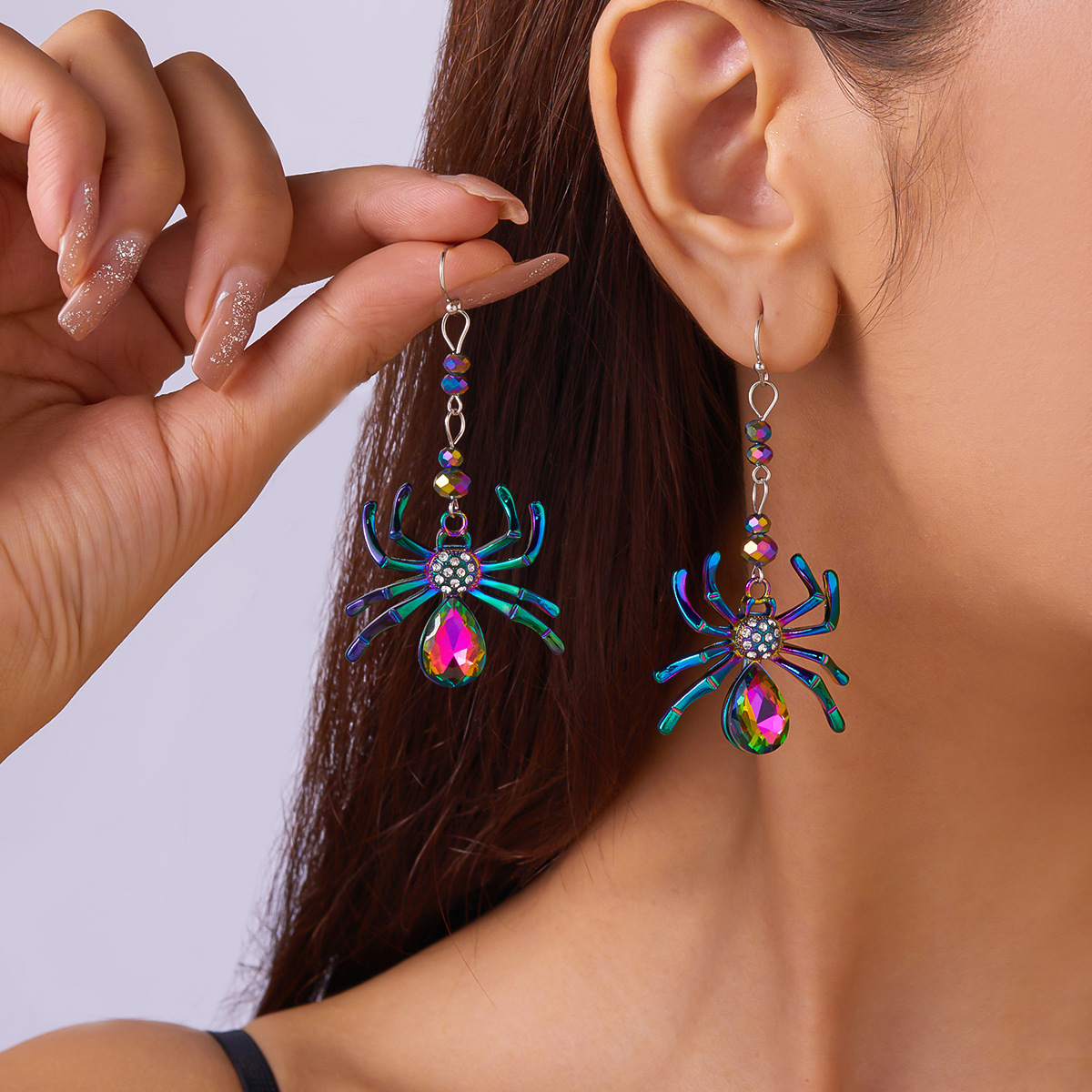 Subtle exaggerated Halloween diamond studded spide, punk style, versatile, colorful and quirky tassel earrings_voghion.com