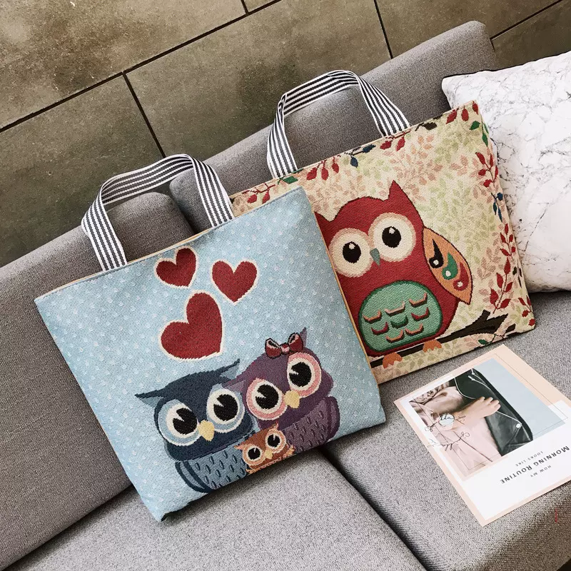 韩版新款织花卡通猫头鹰帆布包女士时尚单肩包大容量手提托特包