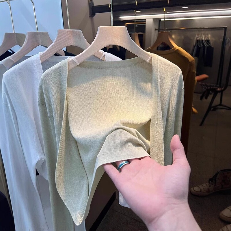 Tencel Solid Color Knitted Sun Protection Cardigan, Spring and Summer Thin Style Outerwear, French-Style Sheer Jacket, Air Conditioning Cover-Up, Shawl