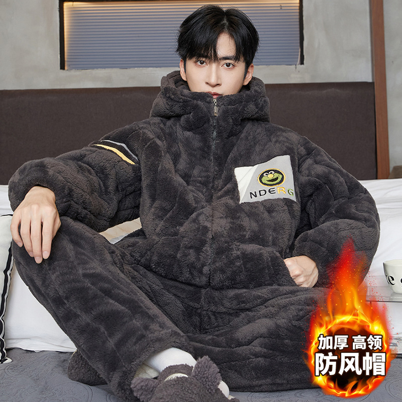 Men's Pajamas Winter Velvet Thickened Plush Quilted Warm Suit Hooded Home Wear Pajamas