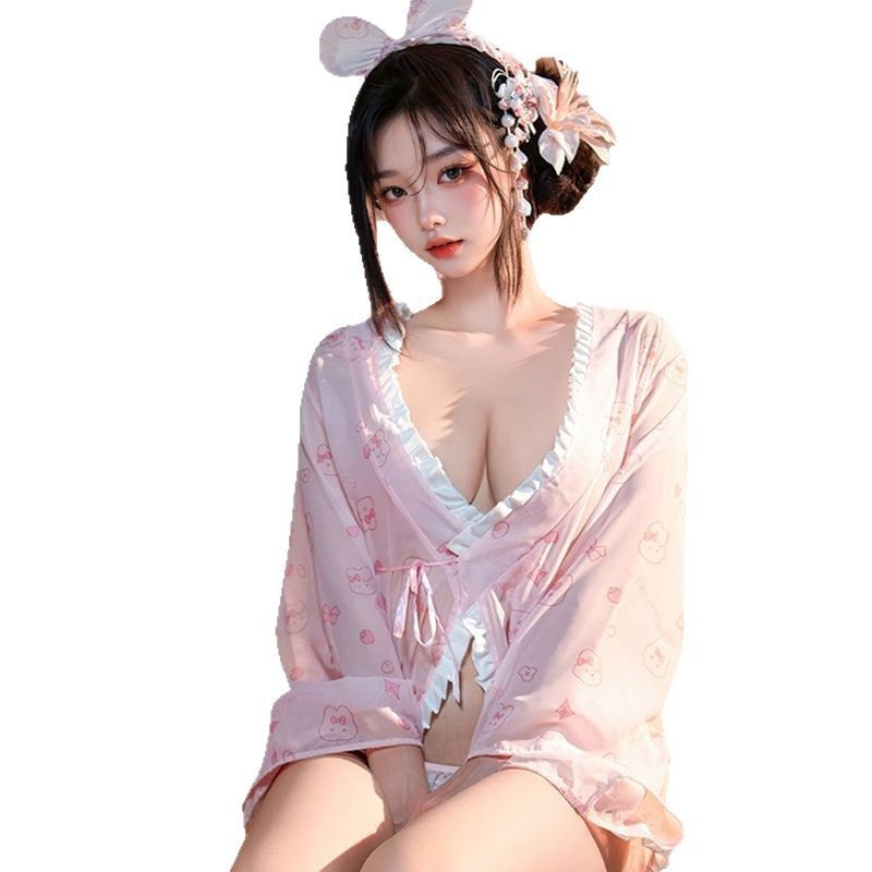 Lencería sexy Leche Conejo Maid Uniform Salsa Japón lindo puro deseo Conejo estampado estilo japonés Camisón con lazo