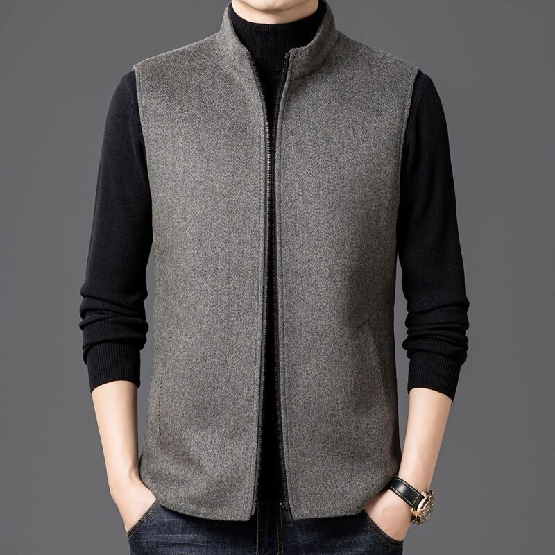 2025 New Autumn and Winter Men's Woolen down Vest Pure Color Stand Collar Casual Fashion Sleeveless Wool Vest