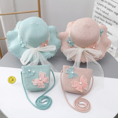 Children's Sun Protection Hat Summer Girls' Sunshade Grass Hat Bag Set Girls' Fashion Lace Princess Beach Hat