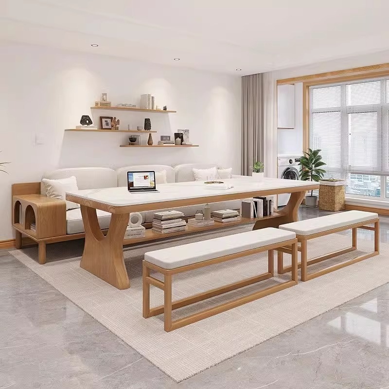 Solid Wood Slate Desk, New Chinese Style Cream Style Study Table, Computer Table, Work Table, Living Room Dining Desk Integrated