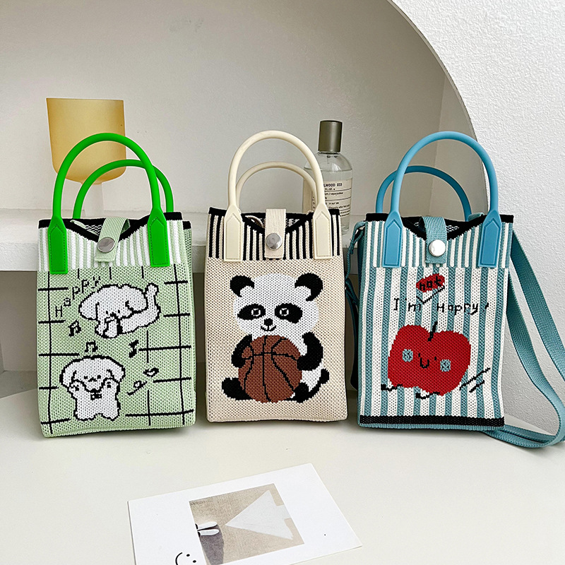 Bolsa de mochila, nicho de diseño, lindo bolso de teléfono móvil, gato de dibujos animados bolso de punto, bolso de mano, mini bolso de hombro de punto