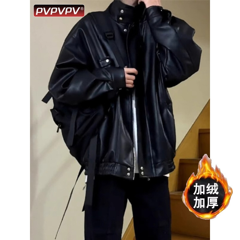 Zixun Black Leather Jacket Men's Autumn and Winter Style Handsome American Bomber Jacket Cotton Clothes Zixun Black Leather Jacket Men's Autumn and Winter Style Handsome American Bomber Jacket Cotton Clothes