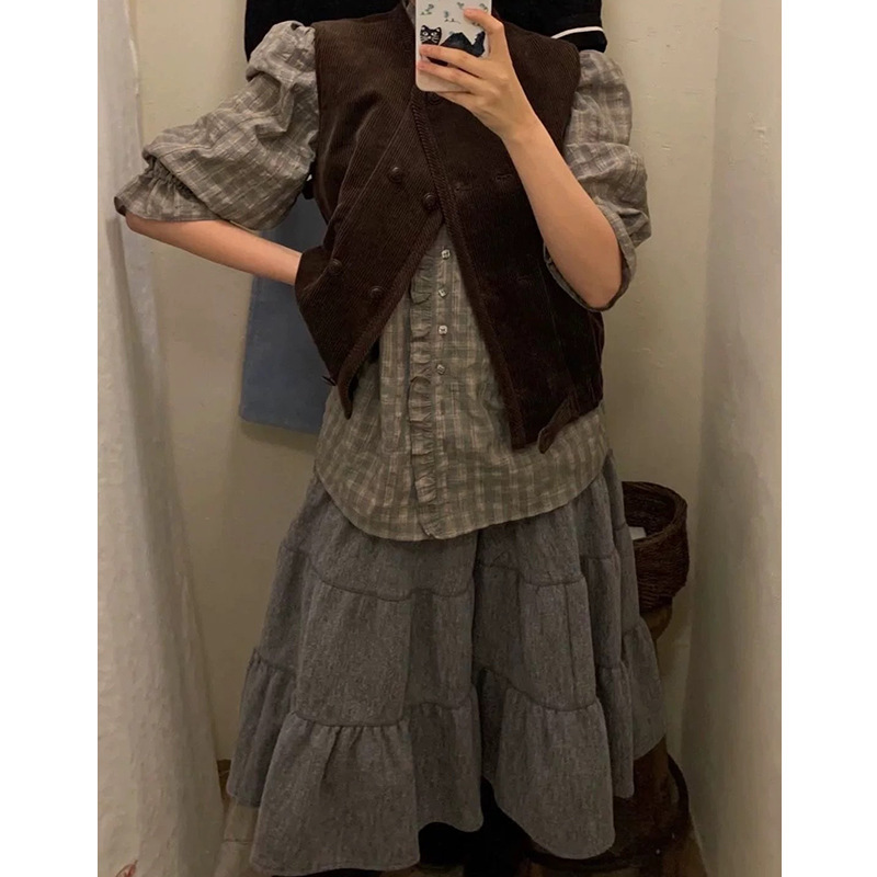 In Stock~ Korean Viapla*N Niche Style Ruffled Plaid Shirt + Double-Breasted Corduroy Vest