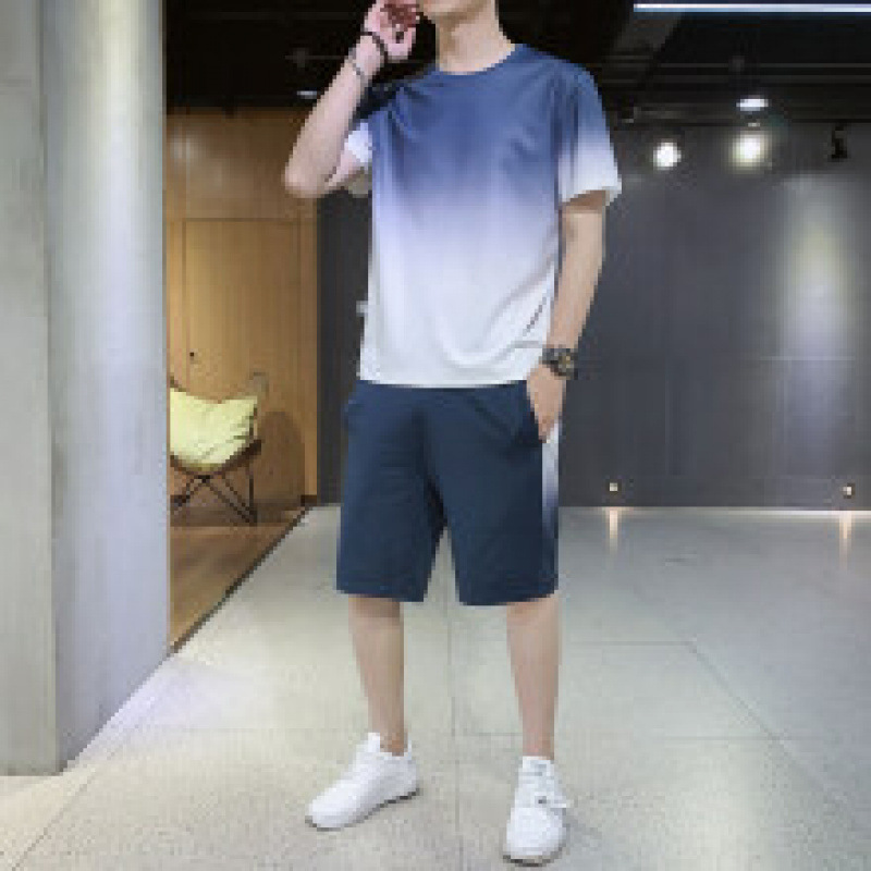 Fábrica directa de verano de dos piezas juvenil pantalones cortos de moda deportivos ociosos con cuello redondo gradiente camiseta de manga corta