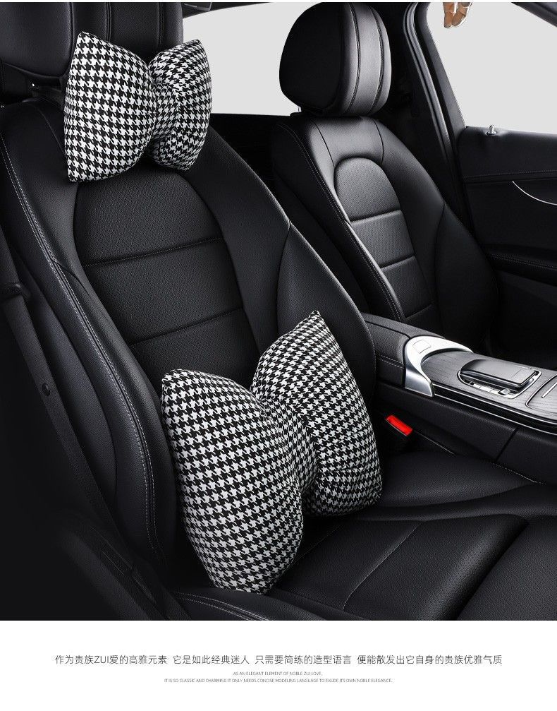 Houndstooth car headrest car female seat neck pillow cute bow pillow car pillow lumbar support