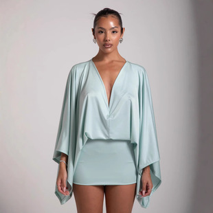 2025 European and American Clothing Summer New Women's Pure Color V Neck Splicing Casual Ultra Short Versatile Dress
