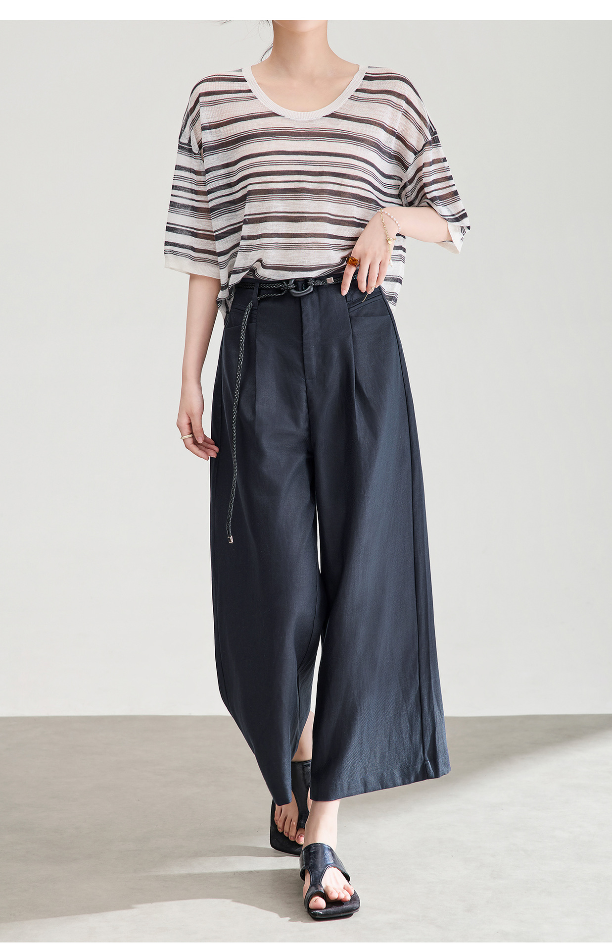 Quần culottes nữ ống rộng chất liệu linen phối sợi tencel, cạp cao dáng suông, mặc mùa hè thoáng mát — Xanh lông mòng đen chi tiết 20