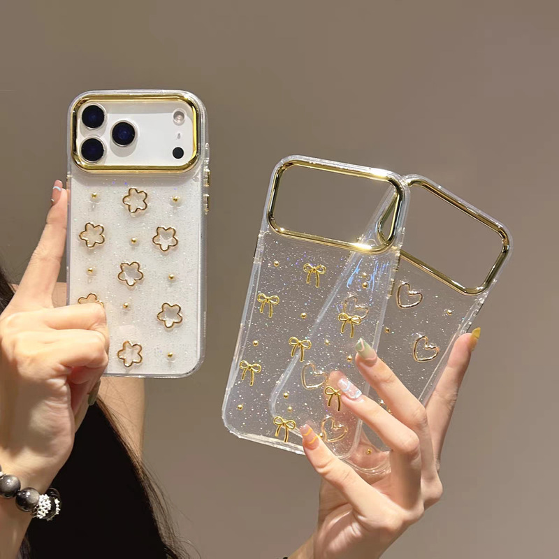 Suitable for Iphone17Promax Mobile Phone Case with Gold Bow and Heart Design, Glittery Simple Gold Frame for Apple 17 Suitable for Iphone17Promax Mobile Phone Case with Gold Bow and Heart Design, Glittery Simple Gold Frame for Apple 17