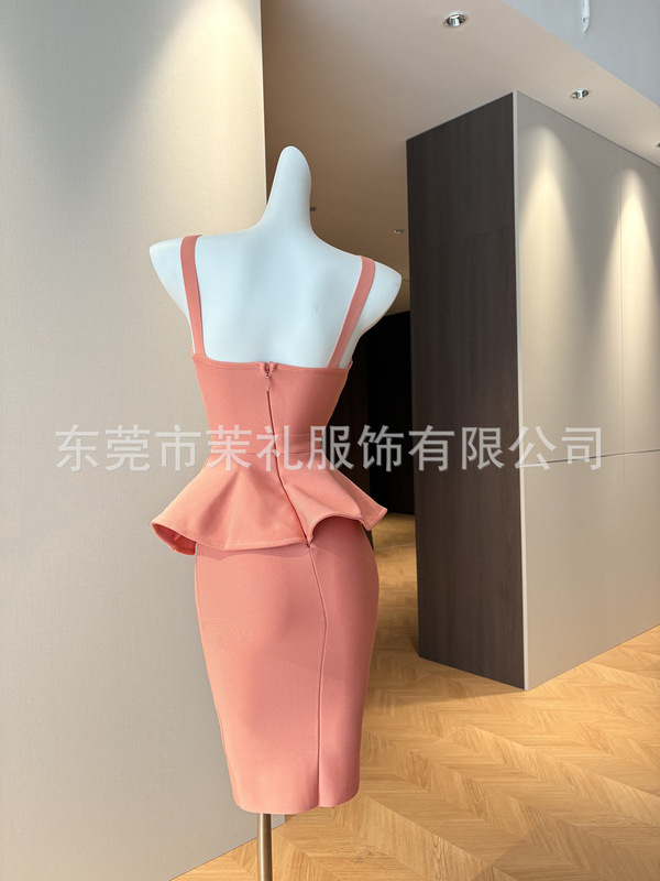律政佳人纯色荷叶边分割腰线显瘦包臀吊带连衣裙绷带裙|undefined