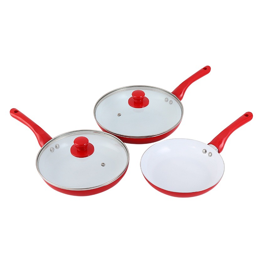Suministro directo de fábrica rojo antiadherente wok plano de cinco piezas sartén olla de aluminio traje de regalo utensilios de cocina suministros