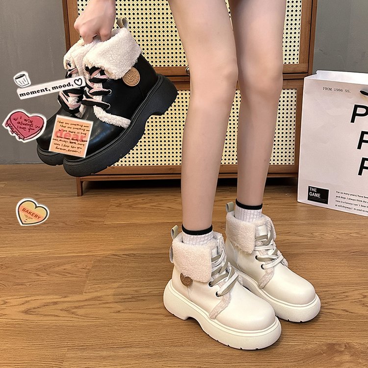 2023 New Academy Style Small Leather Shoes with Plush Martin Boots Thick Sole Thermal Insulation Big Head Ugly Cute Cotton Shoes_voghion.com