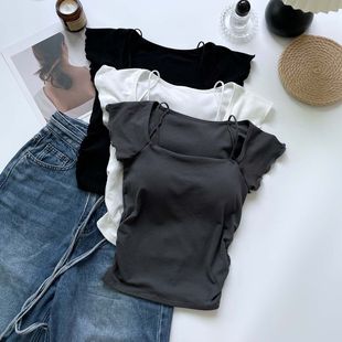 Summer Design Solid Color Small Flying Sleeves with Breast Pad Vest for Women to Wear Pure Lust Hot Girl Slim Short Right Shoulder Top