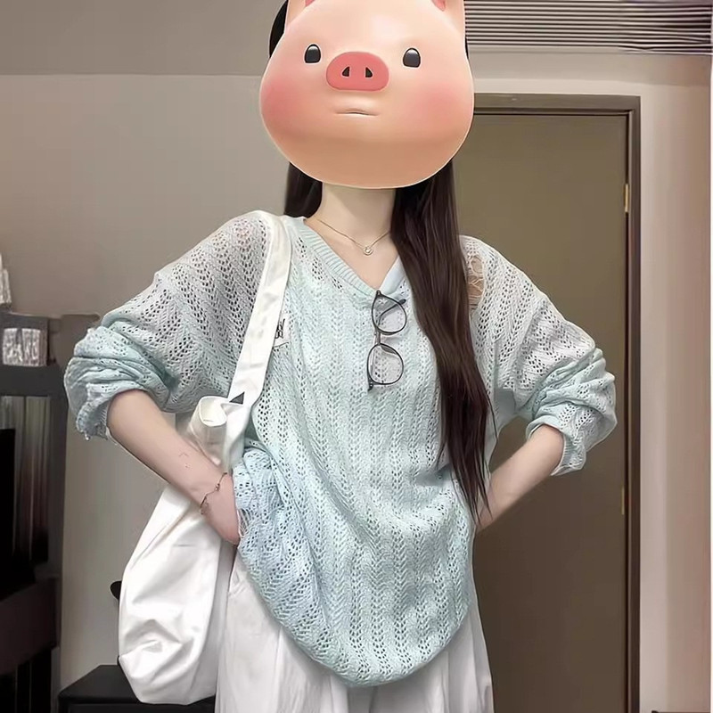 夏の薄いタイプの透かし彫りの穴の日焼け止めのブラウスのゆったりとした怠惰な風のカジュアルな丸首のプルオーバー|undefined