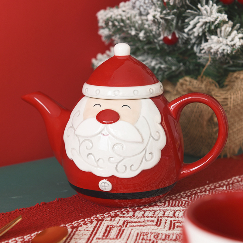 Papá Noel de cerámica taza de café plato conjunto de regalo creativo tetera en relieve de taza de té plato de té