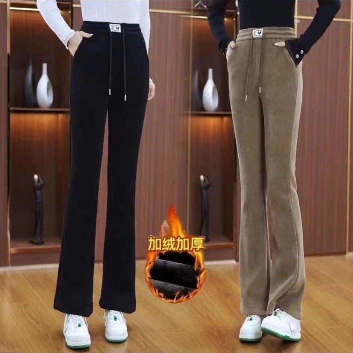 厚い北極の毛の小さいラッパのズボンの2025秋冬の新型のハイウエストのベルベットの保温のカジュアルな女性のズボン